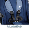 Maxi-Cosi Zelia Luxe 5-in-1 modular travel system with stroller and car seat in navy blue fabric, ready for travel.
