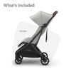 UPPAbaby Minu V3 travel stroller in greyson with charcoal frame and saddle leather, lightweight, compact, one-hand fold, suitable from birth