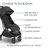 UPPAbaby Minu V3 lightweight travel stroller in greyson with charcoal frame and saddle leather, showing compact fold and modern design.