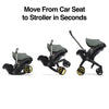 Doona all-in-one car seat and stroller in slate green, compact travel system with adjustable handle and safety features.