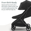 UPPAbaby Minu V3 travel stroller in greyson color with charcoal frame and saddle leather, showing compact folded design and lightweight build.