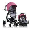 Casual gray Evenflo Pivot Modular Travel System with LiteMax Preemie and Infant Car Seat, featuring a stroller and car seat combo.