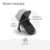 UPPAbaby RumbleSeat V3 all-weather second seat for Vista V2/V3 in Declan Oat Mélange with silver frame and chestnut leather, magnetic buckle