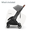 UPPAbaby Minu V3 lightweight travel stroller in greyson with charcoal frame and saddle leather, featuring one-hand fold and compact design.