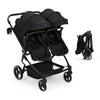 Lightweight twin stroller by My Store with reclining seats, adjustable canopy, 5-point harness, and high landscape double seats.