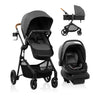 Evenflo Pivot NXT travel system with LiteMax NXT infant car seat in Latte Tan, featuring stroller frame and car seat attachment