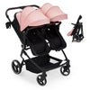 Pink double stroller for newborn and toddler with adjustable recline, canopy, parent cup holders, lightweight fold, suitable for twins.