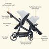 Dark grey tandem double stroller for twins by My Store with reversible seats, adjustable canopy, large storage, and one-hand fold.