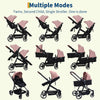 Black tandem stroller for twins with reversible seats, adjustable canopies, one-hand fold, and large storage basket.