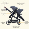 Double tandem stroller for newborn and toddler by My Store, foldable twin pushchair with reversible seats, safety harness, and adjustable canopy.