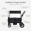Evolur Trailblazer Wagon Double Stroller in black with all-terrain wheels, foldable design, 5-point harness, removable canopy, and spacious storage