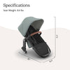 UPPAbaby RumbleSeat V3 second lower all-weather seat with magnetic buckle on silver frame, chestnut leather accents, compatible with Vista V2/V3
