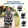 Lightweight double stroller for twins with reclining seats, adjustable canopy, 5-point harness, and high landscape design for infants and toddlers.