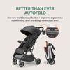 Bombi Bēbee V2 lightweight baby stroller with vegan leather, one-hand fold, infinite recline, aircraft-grade aluminum frame, and XXL canopy