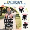 Lightweight double stroller for twins with reclining seats, adjustable canopy, 5-point harness, and high landscape design for infants and toddlers.
