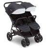 Jeep Destination Ultralight Side-by-Side Double Stroller in midnight color with two seats and adjustable canopy for outdoor outings.
