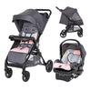 Baby Trend Passport cargo stroller travel system with pink bamboo fabric and EZ-Lift™ Plus infant car seat, featuring a sturdy frame and storage.