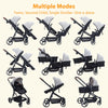 Dark grey tandem double stroller for twins with reversible seats, adjustable canopy, 5-point harness, and large storage basket.