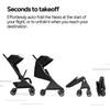 Mompush Nexis Carbon travel stroller with auto-fold, full recline, lightweight design, suitable from birth to 50 lbs.