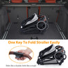 Dark grey tandem double stroller for newborn and toddler, with reversible seats, adjustable canopy, and large storage basket.