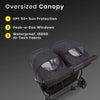 Jeep Destination Ultralight Side-by-Side Double Stroller in midnight color with two seats and adjustable canopy.