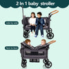 Luxury double wagon stroller for kids and cargo, lightweight, foldable, with adjustable handle, canopy, tray table, and cup holder.