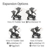 UPPAbaby RumbleSeat V3 second lower seat in Declan oatmeal with silver frame and chestnut leather, showing all-weather design and magnetic buckle.