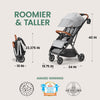 Lightweight Bombi Bēbee V2 baby stroller with vegan leather, one-hand fold, infinite recline, aircraft-grade aluminum frame, and XXL canopy