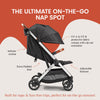 Lightweight Bombi Bēbee V2 baby stroller with vegan leather, one-hand fold, large canopy, aluminum frame, and ample storage.