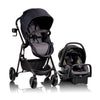 Evenflo Pivot Modular Travel System with LiteMax Preemie and Infant Car Seat in casual gray, showing the stroller and car seat together.