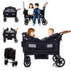 Lightweight double wagon stroller for kids and cargo, with canopy, adjustable handle, tray table, and cup holder, perfect for travel.