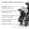 UPPAbaby RumbleSeat V3 second lower seat in Declan color with all-weather cover, magnetic buckle, and included adapters on silver frame