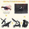 Dark grey My Store tandem double stroller with reversible seats, adjustable canopy, large storage, and one-hand fold for twins.