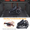 Dark grey tandem double stroller for newborn and toddler with reversible seats, adjustable canopy, 5-point harness, and large storage basket.