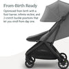 UPPAbaby Minu V3 lightweight travel stroller in Greyson with charcoal mélange fabric, carbon frame, saddle leather, one-hand fold.