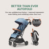 Lightweight Bombi Bēbee V2 baby stroller with vegan leather, one-hand fold, aircraft-grade frame, XXL canopy, and ample storage.