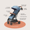 Bombi Bēbee V2 lightweight baby stroller with premium vegan leather, one-hand fold, infinite recline, large canopy, and ample storage.
