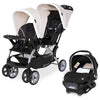 Baby Trend infant and toddler double stroller with car seat, lightweight and portable, in Stormy color, tandem travel system.