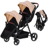 Dark grey tandem double stroller for newborn and toddler twins with reversible seats, adjustable canopy, 5-point harness, and large storage.