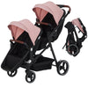 Dark grey tandem double stroller for newborn and toddler, foldable with reversible seats, adjustable canopy, and large storage basket.