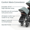 UPPAbaby RumbleSeat V3 second lower all-weather seat with magnetic buckle for Vista V2/V3 in Declan Oat Mélange with silver frame.