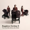 Bugaboo Donkey 6 Cocoa Brown single-to-double all-terrain stroller with adjustable seats for newborn and toddler.
