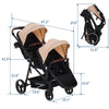 Dark grey tandem double stroller for newborn and toddler twins with reversible seats, adjustable canopy, 5-point harness, and large storage basket.