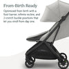 UPPAbaby Minu V3 travel stroller in Greyson, featuring lightweight design, one-hand fold, charcoal frame, and saddle leather accents.
