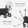Evolur Trailblazer double wagon stroller in black with all-terrain wheels, foldable canopy, 5-point harness, and spacious storage for two kids.