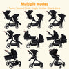 Black tandem stroller for newborn and toddler twins with reversible seats, adjustable canopy, one-hand fold, and large storage basket.