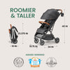 Lightweight Bombi Bēbee V2 baby stroller with vegan leather, one-hand fold, infinite recline, aircraft-grade frame, and XXL canopy.