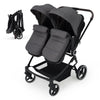 Lightweight twin stroller for infants and toddlers with reclining seats, adjustable canopy, 5-point harness, and high landscape design.