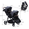 Double tandem stroller for newborn and toddler by My Store with foldable design, reversible seats, adjustable canopy, and safety harness.