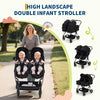 Lightweight double stroller for twins with reclining seats, adjustable canopies, 5-point harness, and high landscape design.